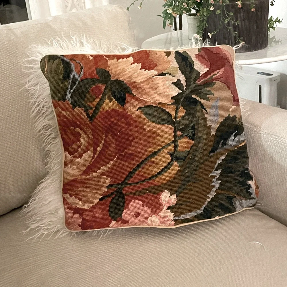 Needlepoint Roses   Throw Pillow  19”x16”
